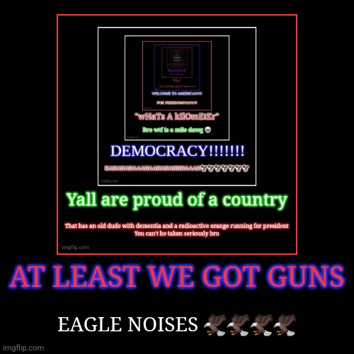 AT LEAST WE GOT GUNS | EAGLE NOISES ???? | image tagged in funny,demotivationals | made w/ Imgflip demotivational maker