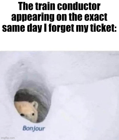 Train tickets | The train conductor appearing on the exact same day I forget my ticket: | image tagged in bonjour | made w/ Imgflip meme maker