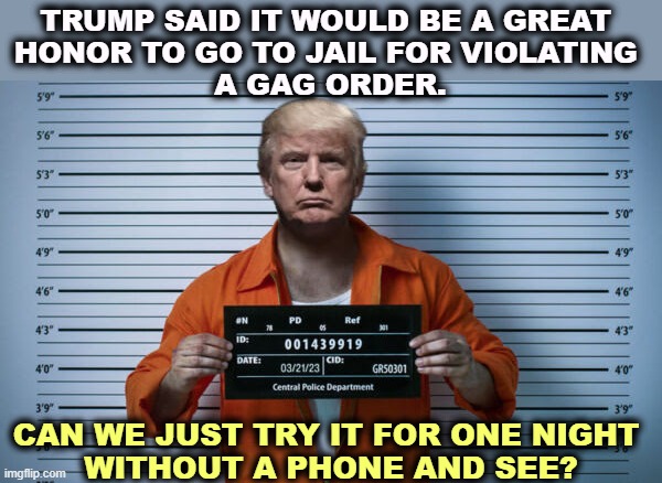 I betcha he's all wet in a half an hour. | TRUMP SAID IT WOULD BE A GREAT 
HONOR TO GO TO JAIL FOR VIOLATING 
A GAG ORDER. CAN WE JUST TRY IT FOR ONE NIGHT 
WITHOUT A PHONE AND SEE? | image tagged in trump,liar,jail,prison,please | made w/ Imgflip meme maker