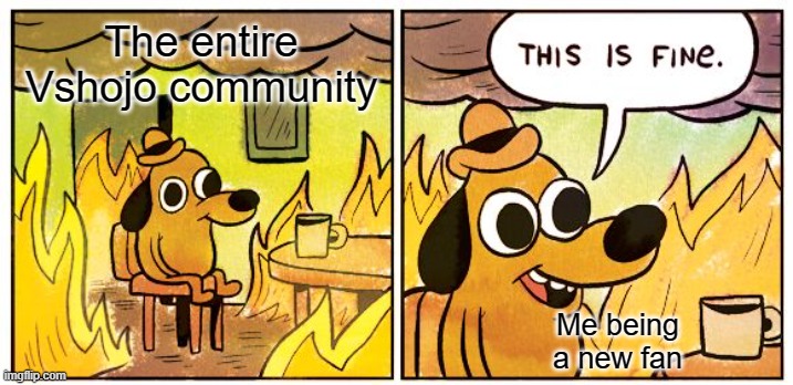This Is Fine | The entire Vshojo community; Me being a new fan | image tagged in memes,this is fine | made w/ Imgflip meme maker