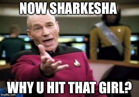 Picard Wtf | NOW SHARKESHA  WHY U HIT THAT GIRL? | image tagged in memes,picard wtf | made w/ Imgflip meme maker