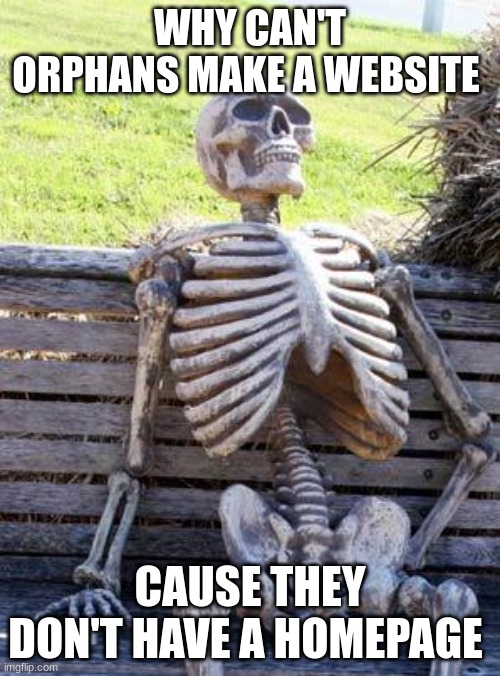 orphans | WHY CAN'T ORPHANS MAKE A WEBSITE; CAUSE THEY DON'T HAVE A HOMEPAGE | image tagged in memes,waiting skeleton | made w/ Imgflip meme maker