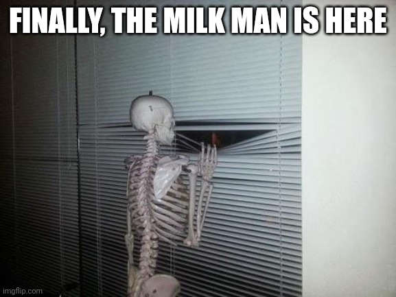 Skeleton Looking Out Window | FINALLY, THE MILK MAN IS HERE | image tagged in skeleton looking out window | made w/ Imgflip meme maker