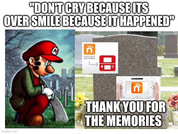 rip Nintendo online for Wii u and 3ds | ''DON'T CRY BECAUSE ITS OVER SMILE BECAUSE IT HAPPENED''; THANK YOU FOR THE MEMORIES | image tagged in nintendo,gaming,memes,sad,3ds,fun | made w/ Imgflip meme maker