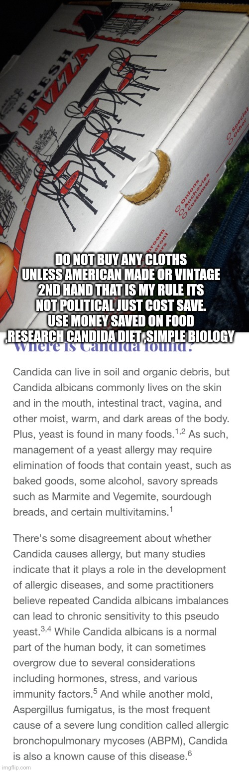 Save money,candida and your health | DO NOT BUY ANY CLOTHS UNLESS AMERICAN MADE OR VINTAGE 2ND HAND THAT IS MY RULE ITS NOT POLITICAL JUST COST SAVE. USE MONEY SAVED ON FOOD ,RESEARCH CANDIDA DIET ,SIMPLE BIOLOGY | image tagged in eating healthy,healthcare | made w/ Imgflip meme maker
