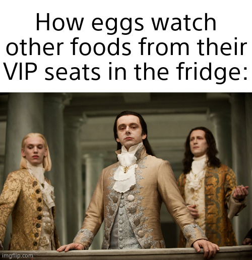 *signature look of superiority* | How eggs watch other foods from their VIP seats in the fridge: | image tagged in memes,funny,funny memes,relatable,egg | made w/ Imgflip meme maker