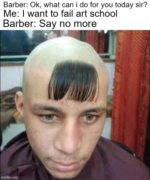 I'm never going here again | Barber: Ok, what can i do for you today sir? Me: I want to fail art school; Barber: Say no more | image tagged in bad haircut,memes | made w/ Imgflip meme maker