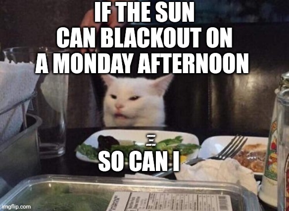 Smudge that darn cat | IF THE SUN CAN BLACKOUT ON A MONDAY AFTERNOON; SO CAN I | image tagged in smudge that darn cat | made w/ Imgflip meme maker