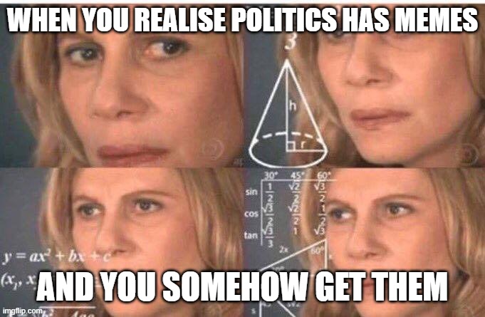 Math lady/Confused lady | WHEN YOU REALISE POLITICS HAS MEMES; AND YOU SOMEHOW GET THEM | image tagged in math lady/confused lady | made w/ Imgflip meme maker