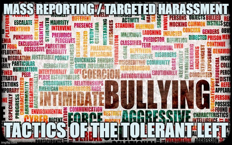 Tolerance Abounds | MASS REPORTING / TARGETED HARASSMENT; TACTICS OF THE TOLERANT LEFT | image tagged in tolerance,intolerance,free speech,freedom of speech,leftist,liberal logic | made w/ Imgflip meme maker