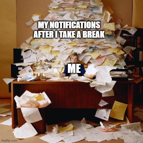 bruh | MY NOTIFICATIONS AFTER I TAKE A BREAK; ME | image tagged in busy,memes | made w/ Imgflip meme maker
