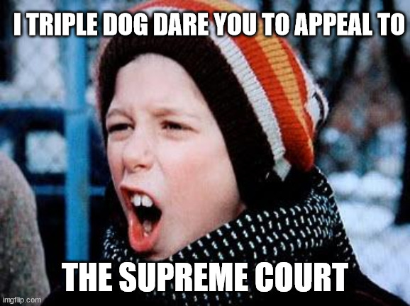 Triple Dog Dare | I TRIPLE DOG DARE YOU TO APPEAL TO THE SUPREME COURT | image tagged in triple dog dare | made w/ Imgflip meme maker