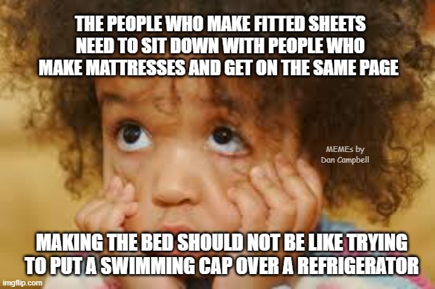 Exasperated | THE PEOPLE WHO MAKE FITTED SHEETS NEED TO SIT DOWN WITH PEOPLE WHO MAKE MATTRESSES AND GET ON THE SAME PAGE; MEMEs by Dan Campbell; MAKING THE BED SHOULD NOT BE LIKE TRYING TO PUT A SWIMMING CAP OVER A REFRIGERATOR | image tagged in exasperated | made w/ Imgflip meme maker