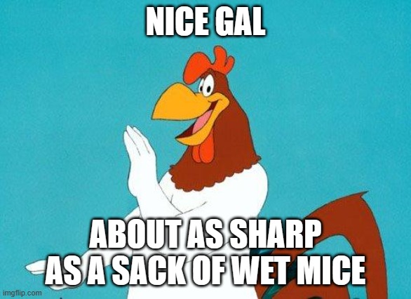 Foghorn Leghorn | NICE GAL ABOUT AS SHARP AS A SACK OF WET MICE | image tagged in foghorn leghorn | made w/ Imgflip meme maker