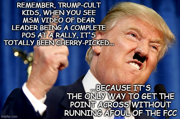 Ach du liebe zeit -mein schnurrbart!!! | REMEMBER, TRUMP-CULT KIDS, WHEN YOU SEE MSM VIDEO OF DEAR LEADER BEING A COMPLETE POS AT A RALLY, IT'S TOTALLY BEEN CHERRY-PICKED... ...BECAUSE IT'S THE ONLY WAY TO GET THE POINT ACROSS WITHOUT RUNNING AFOUL OF THE FCC | image tagged in donald trump,hitler,moustache | made w/ Imgflip meme maker