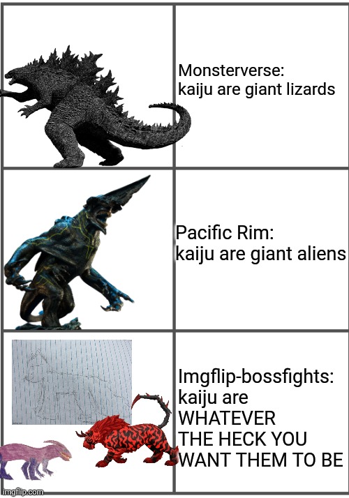 Kaiju | Monsterverse: kaiju are giant lizards; Pacific Rim: kaiju are giant aliens; Imgflip-bossfights: kaiju are WHATEVER THE HECK YOU WANT THEM TO BE | image tagged in blank comic panel 2x3 | made w/ Imgflip meme maker