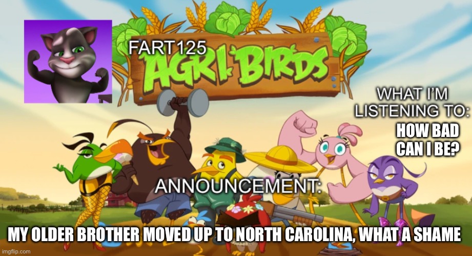 :( | HOW BAD CAN I BE? MY OLDER BROTHER MOVED UP TO NORTH CAROLINA, WHAT A SHAME | image tagged in announcement,sad,sad but true | made w/ Imgflip meme maker