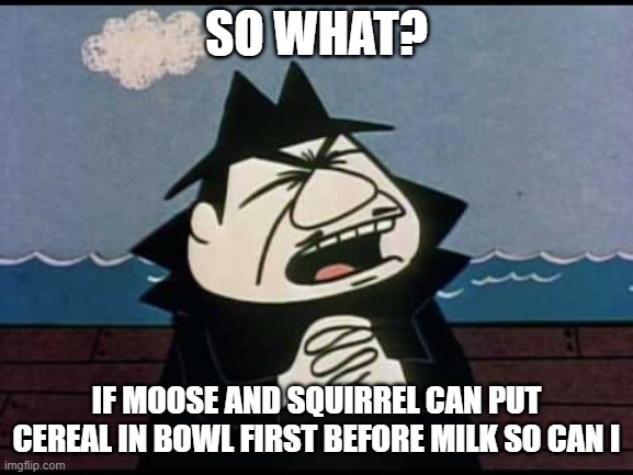 SO WHAT? IF MOOSE AND SQUIRREL CAN PUT CEREAL IN BOWL FIRST BEFORE MILK SO CAN I | image tagged in boris badenov | made w/ Imgflip meme maker