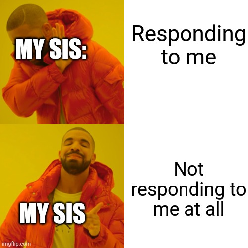 She didn't even tell me that she was going to bed | Responding to me; MY SIS:; Not responding to me at all; MY SIS | image tagged in memes,drake hotline bling | made w/ Imgflip meme maker
