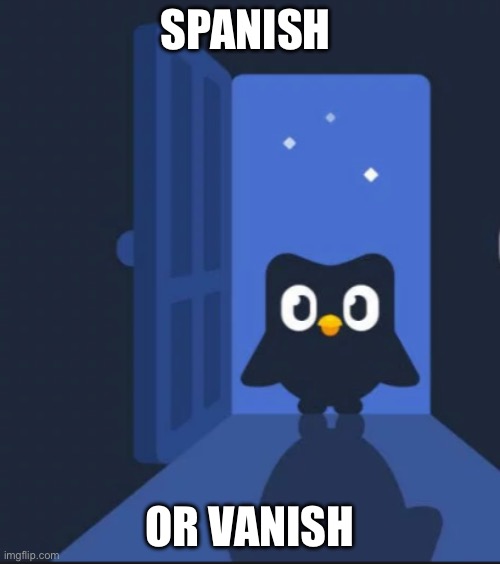 Duolingo bird | SPANISH; OR VANISH | image tagged in duolingo bird | made w/ Imgflip meme maker