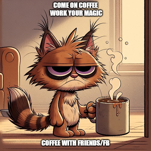 Need coffee | COME ON COFFEE  WORK YOUR MAGIC; COFFEE WITH FRIENDS/FB | image tagged in coffee,coffee addict,coffee cup | made w/ Imgflip meme maker