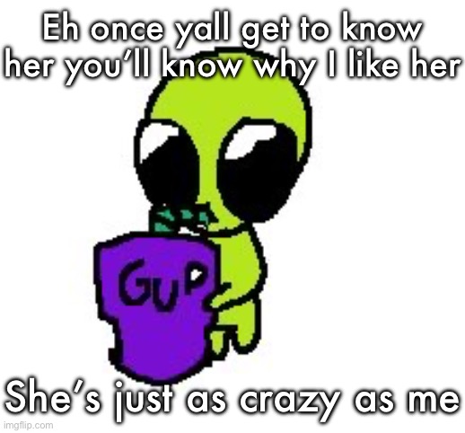 Funky green alien | Eh once yall get to know her you’ll know why I like her; She’s just as crazy as me | image tagged in funky green alien | made w/ Imgflip meme maker