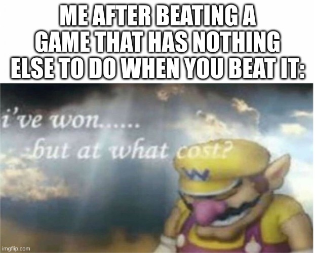Like bro, I want to keep playing. At least do a DLC or something | ME AFTER BEATING A GAME THAT HAS NOTHING ELSE TO DO WHEN YOU BEAT IT: | image tagged in i won but at what cost | made w/ Imgflip meme maker