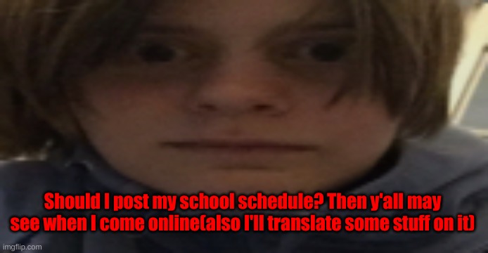 . | Should I post my school schedule? Then y'all may see when I come online(also I'll translate some stuff on it) | image tagged in darthswede silly serious face | made w/ Imgflip meme maker