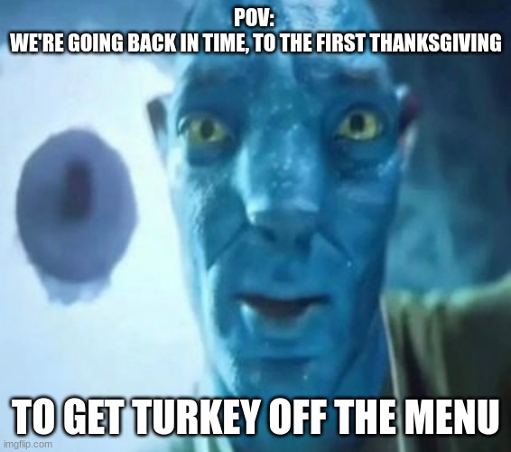 i am not funny, and i know this | POV: 
WE'RE GOING BACK IN TIME, TO THE FIRST THANKSGIVING; TO GET TURKEY OFF THE MENU | image tagged in avatar guy | made w/ Imgflip meme maker