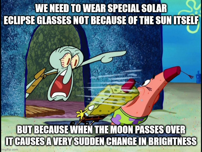 Squidward Screaming | WE NEED TO WEAR SPECIAL SOLAR ECLIPSE GLASSES NOT BECAUSE OF THE SUN ITSELF; BUT BECAUSE WHEN THE MOON PASSES OVER IT CAUSES A VERY SUDDEN CHANGE IN BRIGHTNESS | image tagged in squidward screaming | made w/ Imgflip meme maker