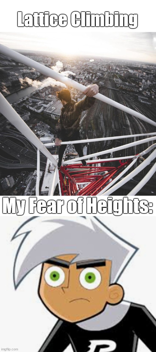 Fear of heights vs. lattice climbing. | Lattice Climbing; My Fear of Heights: | image tagged in danny phantom,meme,lattice climbing,cklimbing,tower,daredevil | made w/ Imgflip meme maker