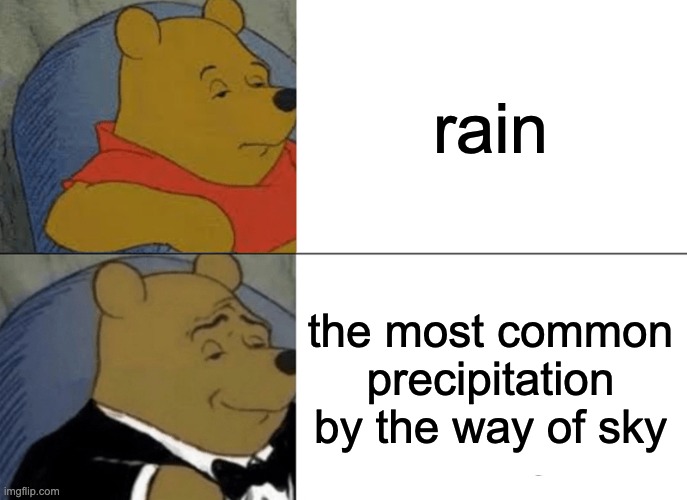 ... | rain; the most common precipitation by the way of sky | image tagged in memes,tuxedo winnie the pooh,water,clouds,sky | made w/ Imgflip meme maker