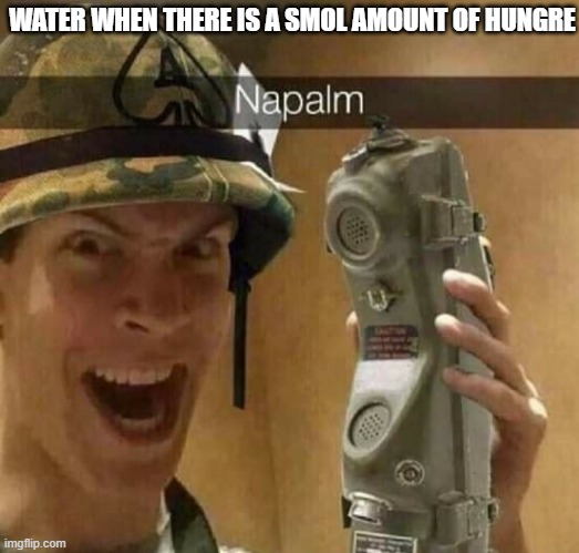 neplam | WATER WHEN THERE IS A SMOL AMOUNT OF HUNGRE | image tagged in napalm | made w/ Imgflip meme maker