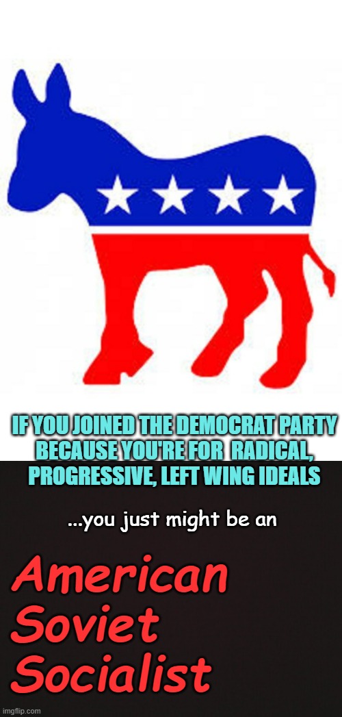 American Soviet Socialism "Acronym" for the Progressive Wing of the Donkey Party | IF YOU JOINED THE DEMOCRAT PARTY
BECAUSE YOU'RE FOR  RADICAL,
PROGRESSIVE, LEFT WING IDEALS; ...you just might be an; American
Soviet
Socialist | image tagged in democrat donkey,sad joe biden,democratic socialism,cultural marxism,it's all coming together,economy | made w/ Imgflip meme maker