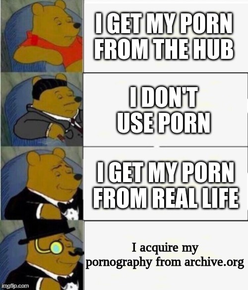 Tuxedo Winnie the Pooh 4 panel | I GET MY PORN FROM THE HUB; I DON'T USE PORN; I GET MY PORN FROM REAL LIFE; I acquire my pornography from archive.org | image tagged in tuxedo winnie the pooh 4 panel | made w/ Imgflip meme maker