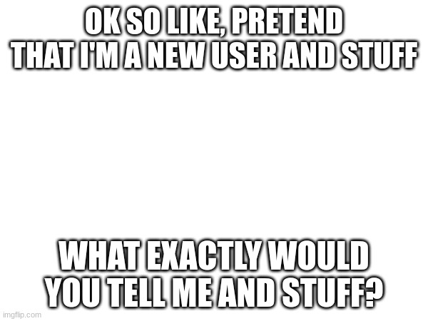 Hai guys, i'm super new here! | OK SO LIKE, PRETEND THAT I'M A NEW USER AND STUFF; WHAT EXACTLY WOULD YOU TELL ME AND STUFF? | made w/ Imgflip meme maker