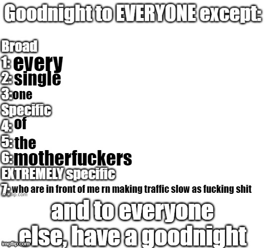 in a car, riding to where the eclipse will be seen, and traffic is a bitch right now | every; single; one; of; the; motherfuckers; who are in front of me rn making traffic slow as fucking shit | image tagged in goodnight to everyone except | made w/ Imgflip meme maker