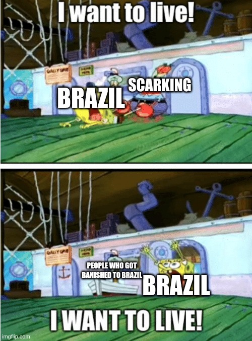 Banished to Brazil has a new meaning. | SCARKING; BRAZIL; BRAZIL; PEOPLE WHO GOT BANISHED TO BRAZIL | image tagged in i want to live | made w/ Imgflip meme maker