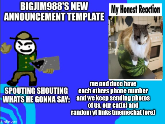 me and ducc have each others phone number and we keep sending photos of us, our cat(s) and random yt links (memechat lore) | image tagged in bigjim998s new template | made w/ Imgflip meme maker