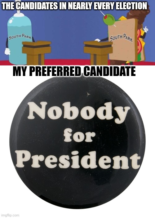 Candidate Nobody | THE CANDIDATES IN NEARLY EVERY ELECTION; MY PREFERRED CANDIDATE | image tagged in giant douche/turd sandwich,election,presidential race,politics,corruption | made w/ Imgflip meme maker