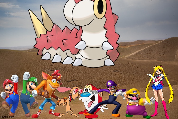 Wario and Friends dies by a Giant Wurmple because of Waluigi provoking it while exploring at the desert | image tagged in wario dies,crossover | made w/ Imgflip meme maker
