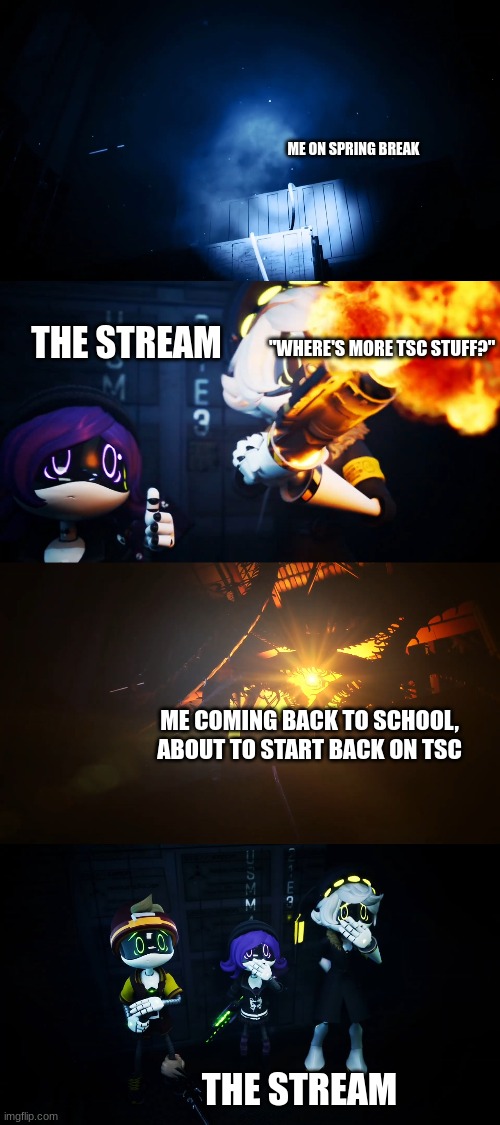 whoopsies- | ME ON SPRING BREAK; THE STREAM; "WHERE'S MORE TSC STUFF?"; ME COMING BACK TO SCHOOL, ABOUT TO START BACK ON TSC; THE STREAM | image tagged in absolute solver reveal | made w/ Imgflip meme maker