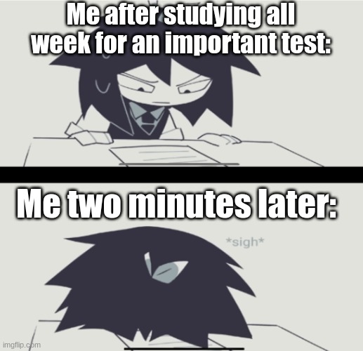 Only when I decide to study | Me after studying all week for an important test:; Me two minutes later: | image tagged in abbie struggling with homework | made w/ Imgflip meme maker