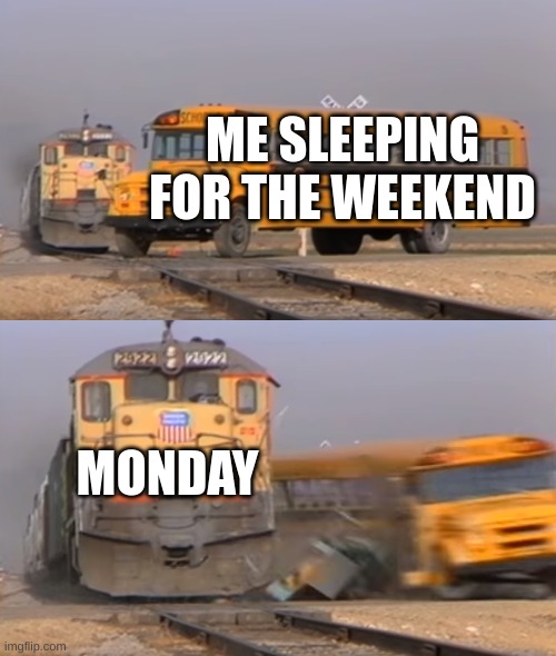 Monday | ME SLEEPING FOR THE WEEKEND; MONDAY | image tagged in a train hitting a school bus | made w/ Imgflip meme maker