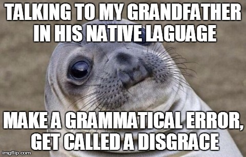 Awkward Moment Sealion Meme | TALKING TO MY GRANDFATHER IN HIS NATIVE LAGUAGE MAKE A GRAMMATICAL ERROR, GET CALLED A DISGRACE | image tagged in memes,awkward moment sealion,AdviceAnimals | made w/ Imgflip meme maker