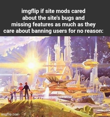 the world if... | imgflip if site mods cared about the site's bugs and missing features as much as they care about banning users for no reason: | image tagged in the world if | made w/ Imgflip meme maker