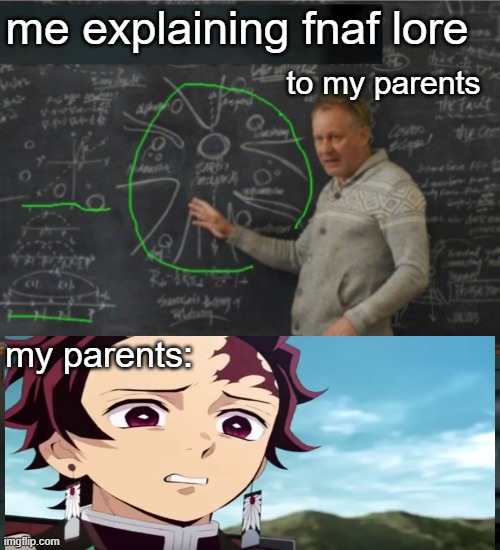 i tried this one time. it didnt work | me explaining fnaf lore; to my parents; my parents: | image tagged in memes,not upvote begging | made w/ Imgflip meme maker