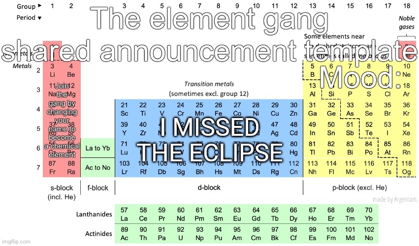 The element gang shared announcement template | I MISSED THE ECLIPSE | image tagged in the element gang shared announcement template | made w/ Imgflip meme maker