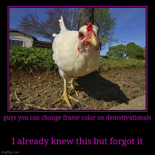 guys you can change frame color on demotivationals | I already knew this but forgot it | image tagged in funny,demotivationals | made w/ Imgflip demotivational maker