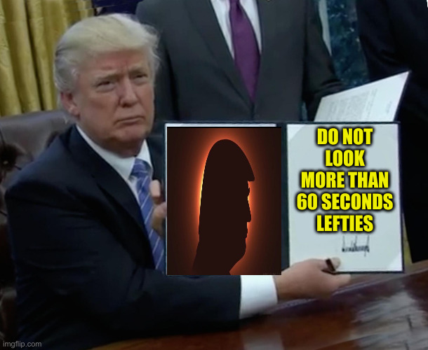 More Brain Damage Could Ensue | DO NOT LOOK MORE THAN 60 SECONDS LEFTIES | image tagged in memes,trump bill signing,political meme,politics,funny memes,funny | made w/ Imgflip meme maker